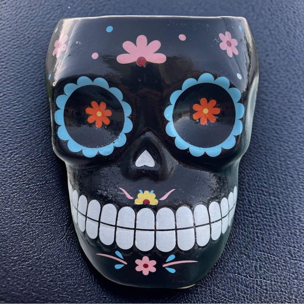 Sugar Skull Day Of The Dead Black Multicolor Ceramic Succulent Plant Pot Holder